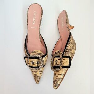 Prada Beige/ Tan Python snakeskin Vintage Buckle Embellished Kitten mules EU37.5